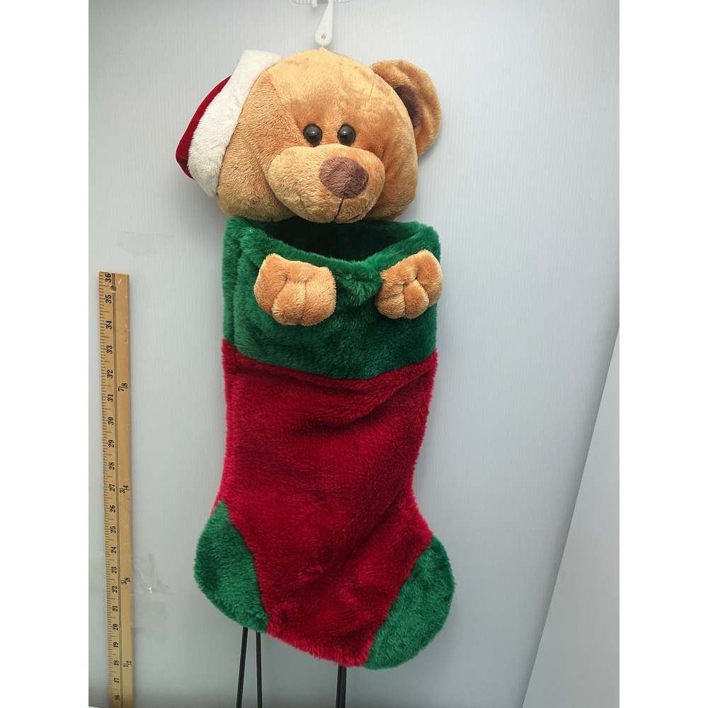 Christmas Stocking Plush 3D Teddy Bear Santa Hat Red Green Faux Fur 20 Inch